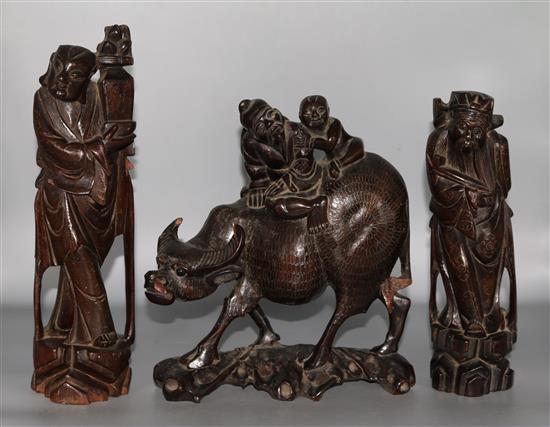 Three Chinese hardwood and wire inlaid figures